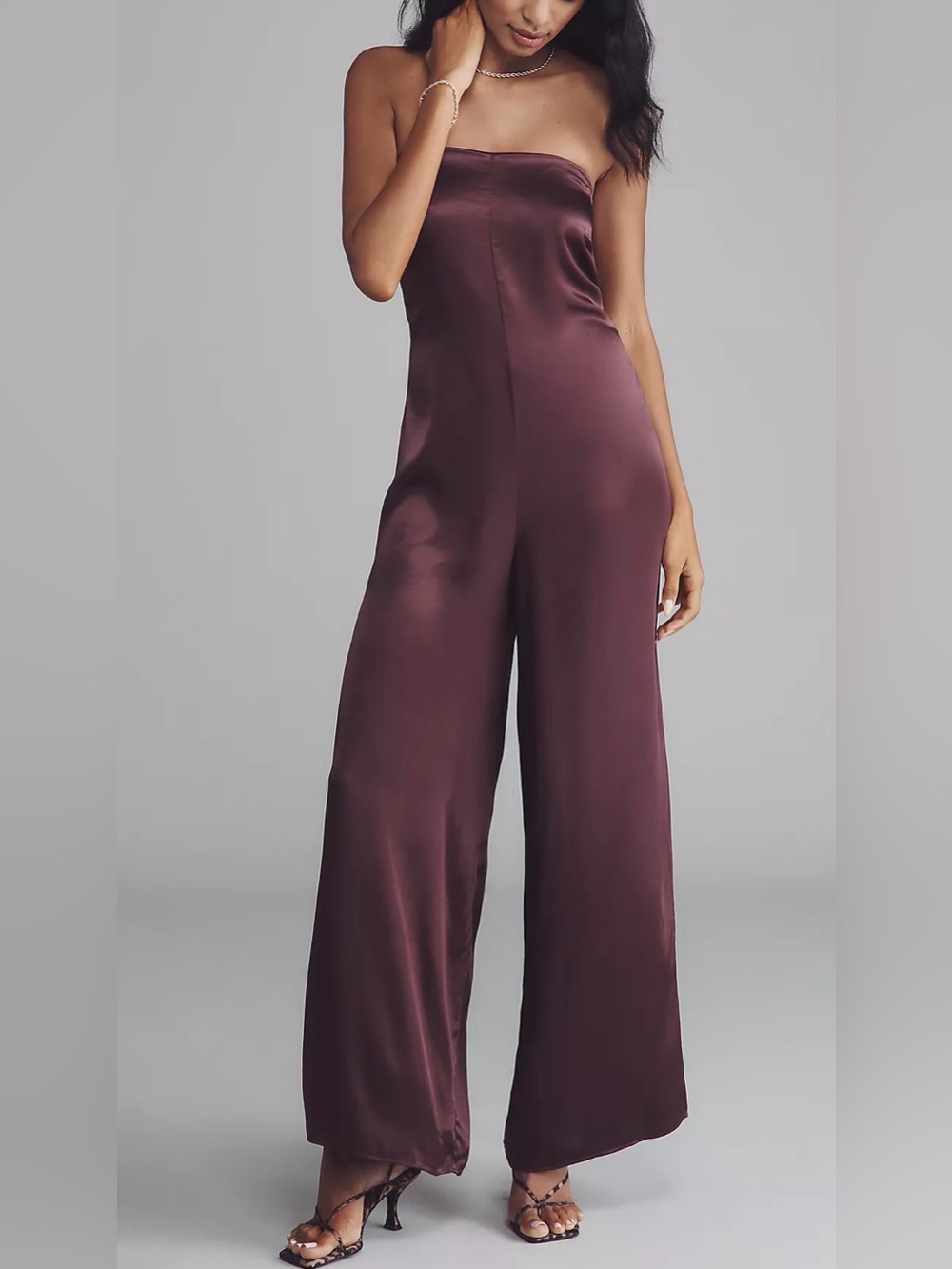 NEW Anthropologie Fleur Strapless Satin Wide-Leg Jumpsuit Large